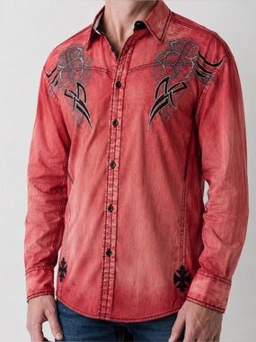 Roar Red Embroidered Nocturne Button-Up Shirt Western Rodeo Sz XL Button Front